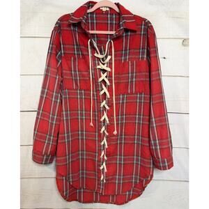 POL Red Plaid Oversized Top Zig Zag Cream Tie Up Slits Collared Size SM